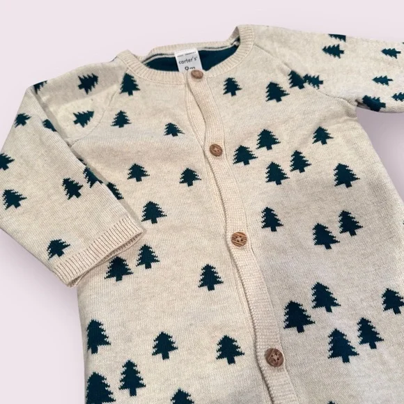 Carter's Baby Cream Knit Sweater Romper with Christmas Tree Print Size 9 Months - Picture 3 of 8